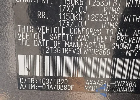 2020 Toyota Rav4 Le из США, поврежденный, VIN 2T3G1RFV3LW108860